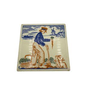 Vintage Dutch Boy Tile Trivet Harvesting Carrots Bunnies Rabbits